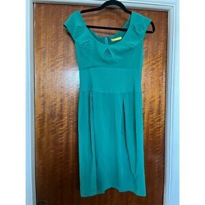 Catherine Malandrino Teal Green Silk Pleated Sheath Dress Cap Sleeve Knee Length